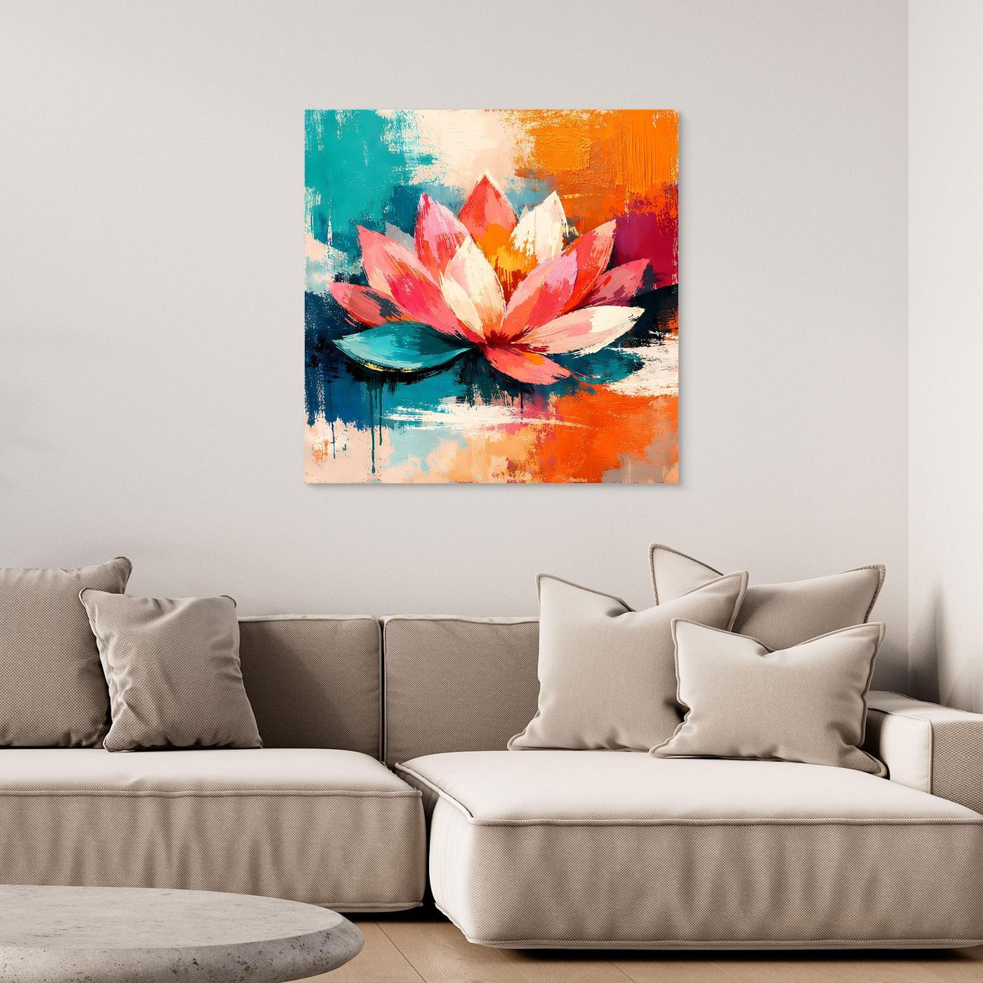 Abstract canvas wall art with colorful lotus flower above water reflections.