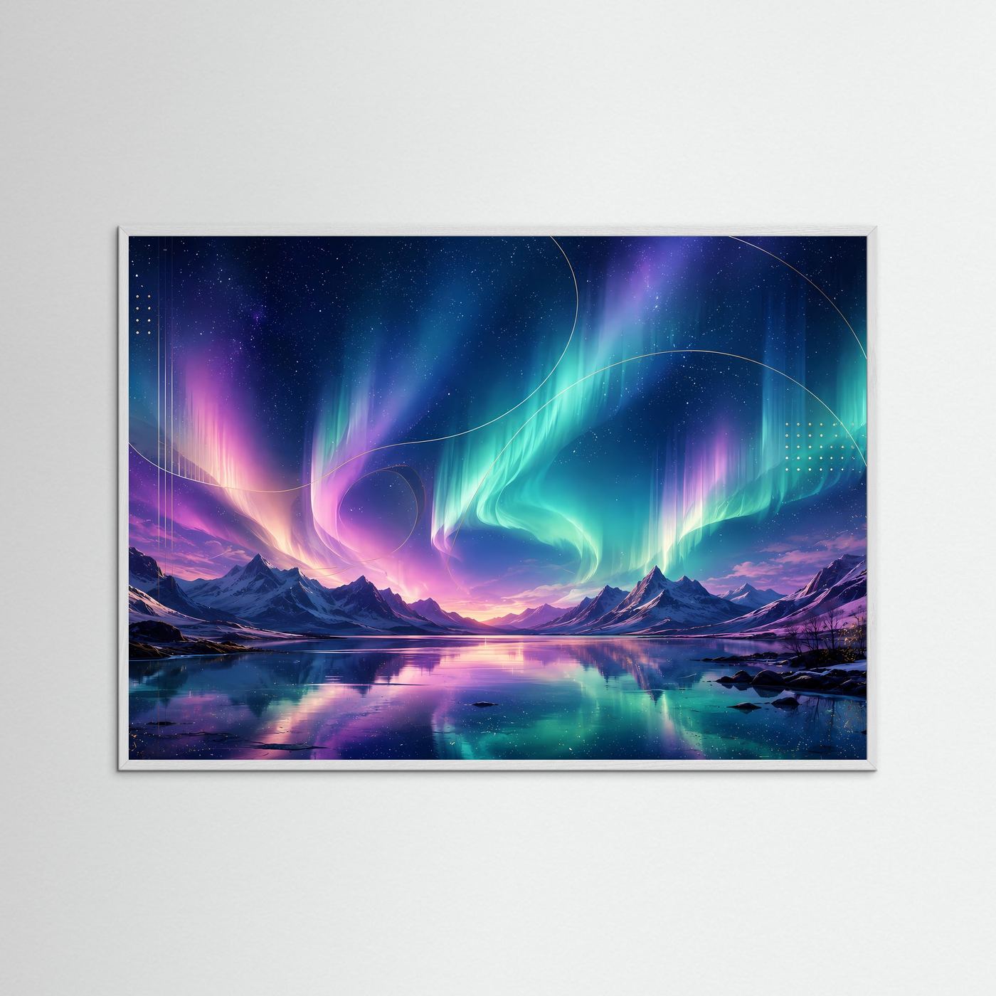 Poster im Querformat mit Polarlichtern über Bergsee, im grauen Rahmen, Blau- und Violettton