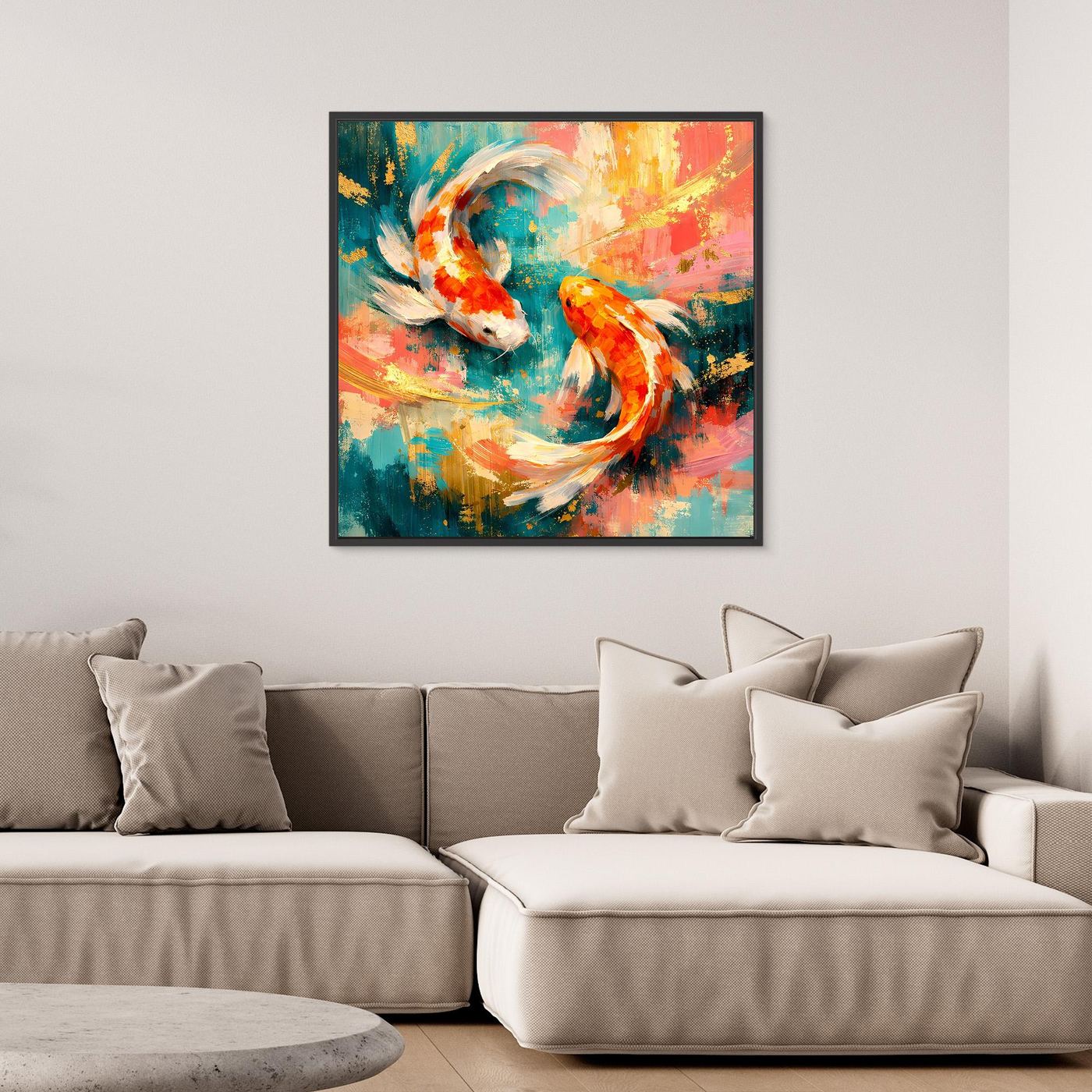 Abstraktes Leinwandbild mit Koi-Fischen, mit schwarzem Rahmen, Blau, Orange und Gold