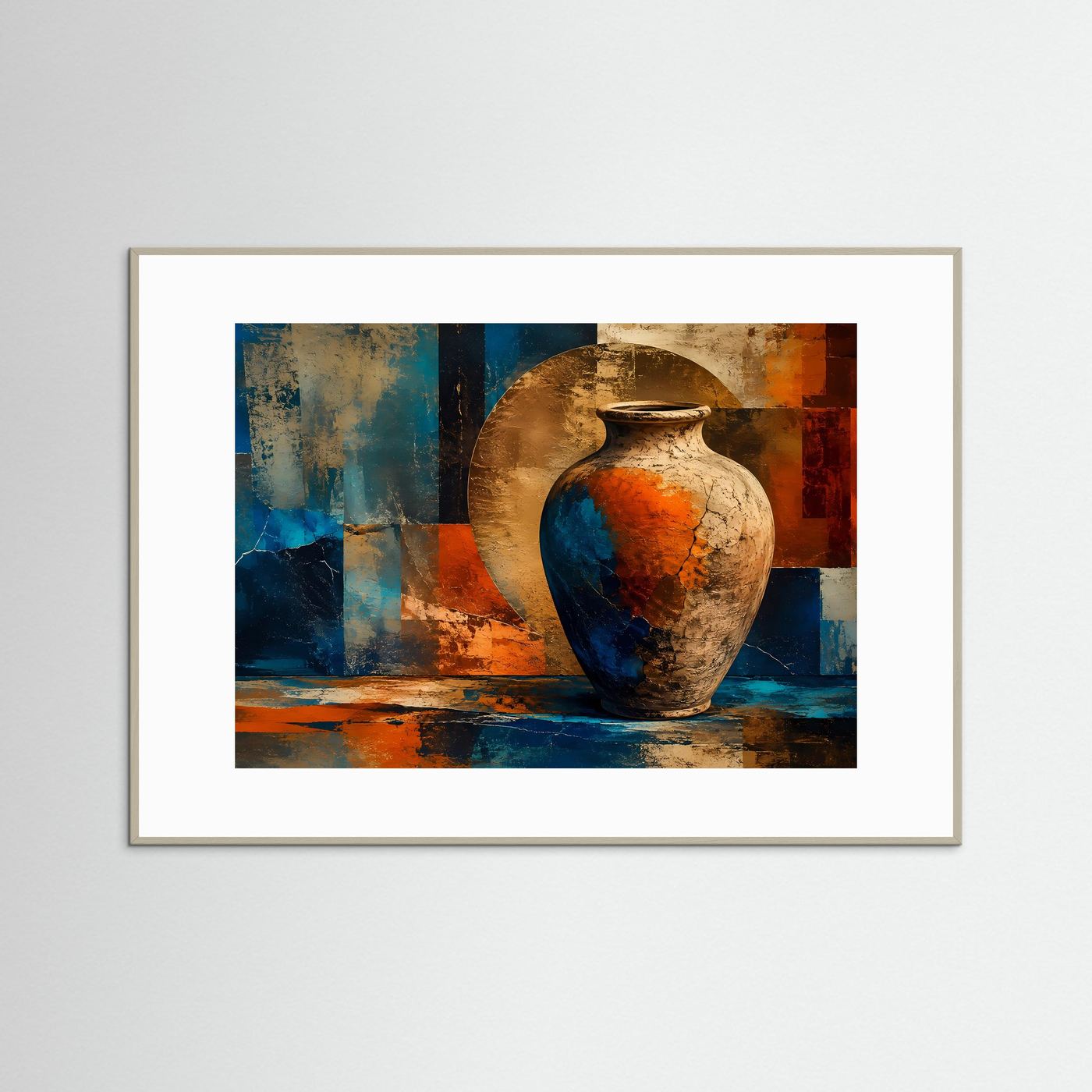 Abstrakte Keramik Vase Poster | Moderne Stillleben Wandkunst | Geometrische Fine Art | Boho Minimalismus | Terrakotta Blau Gold | Premium Wandbild
