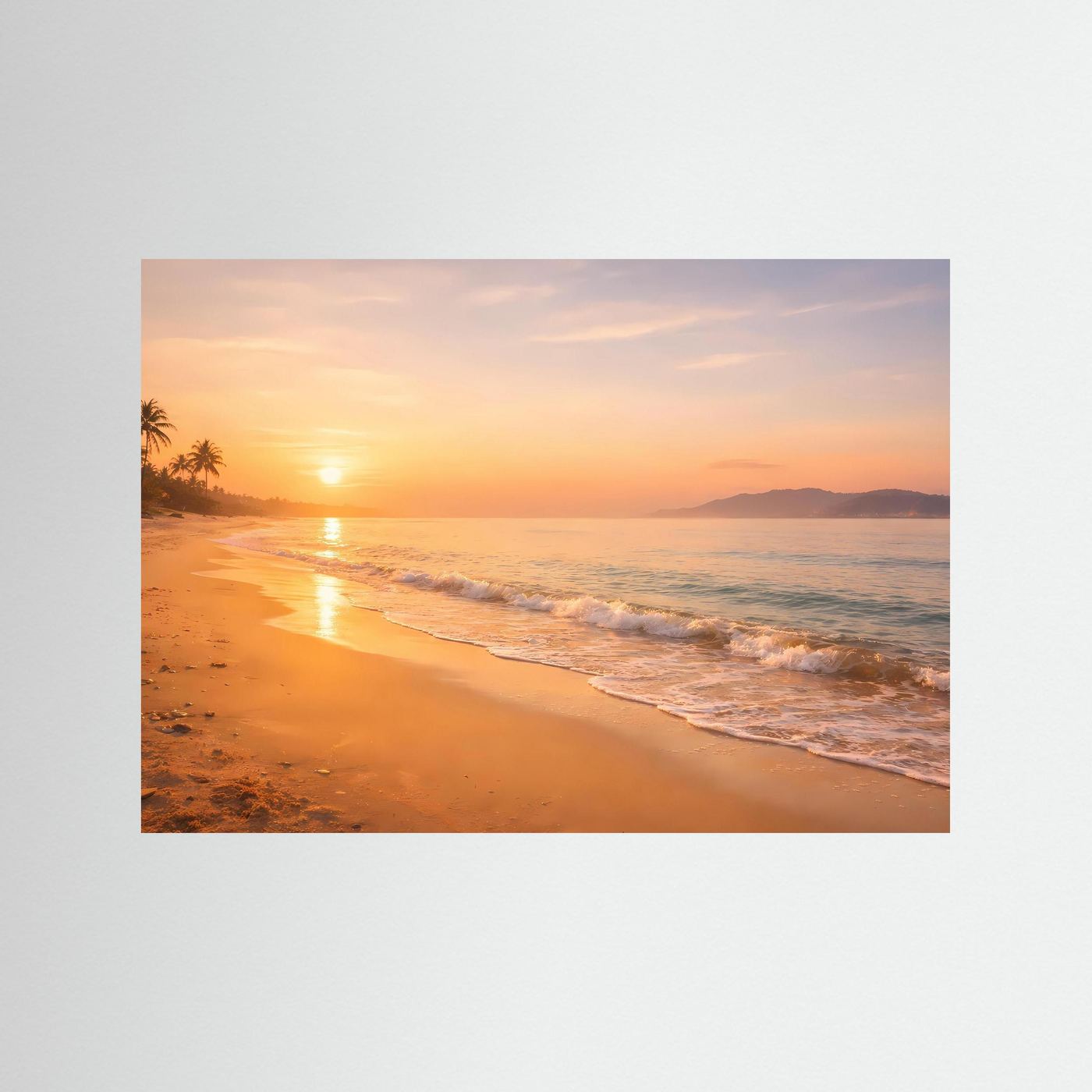 Wandbild mit Sonnenuntergang am Strand und spiegelnder Lichtbahn auf dem Wasser