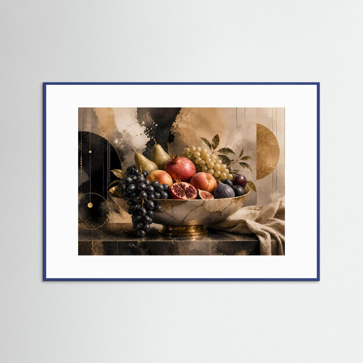Gerahmtes Poster: Obstschale mit Granatapfel und Trauben, blau gerahmt, querformatig