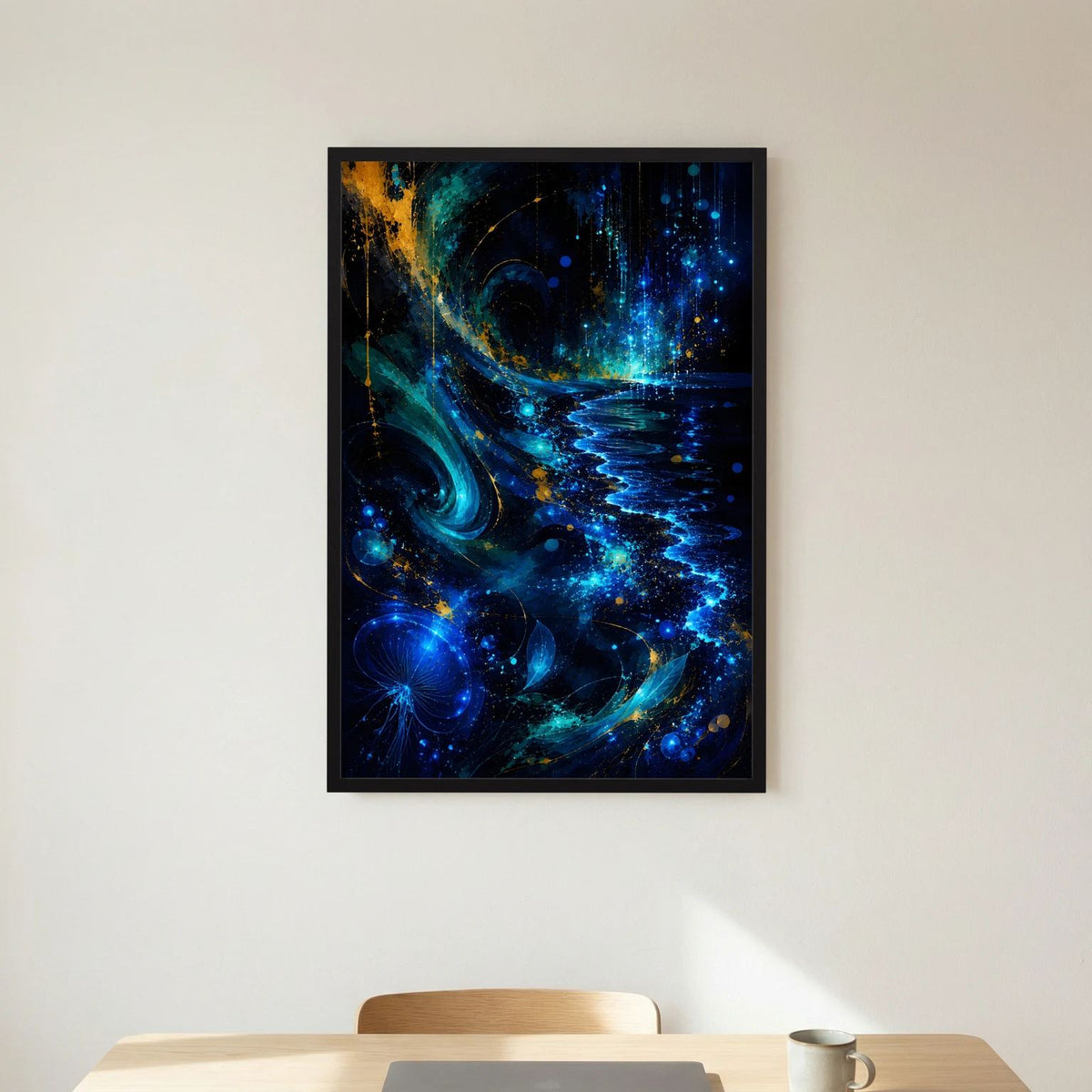 Hochformat-Poster mit abstrakten blauen Wellen und goldenen Akzenten, schwarzer Rahmen.