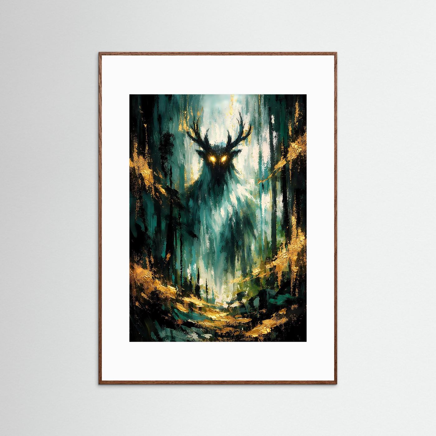 Hochformatiges Waldgeist-Kunstposter mit braunem Holzrahmen und weißem Passepartout