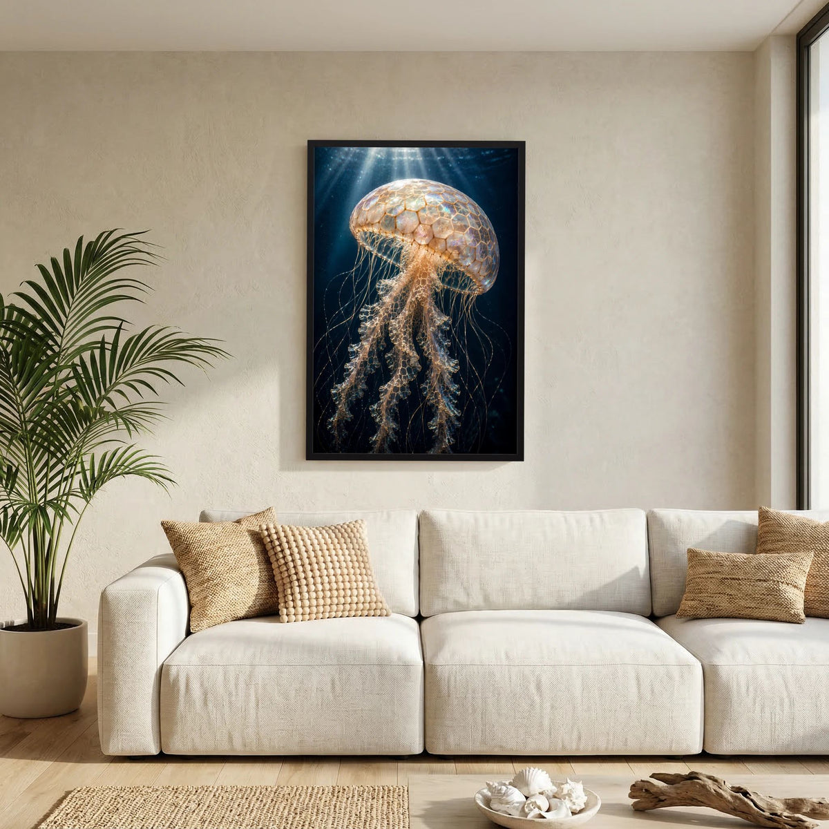 Hochformat-Wandposter: leuchtende Qualle in Perlmutt & Gold, schwarzer Rahmen