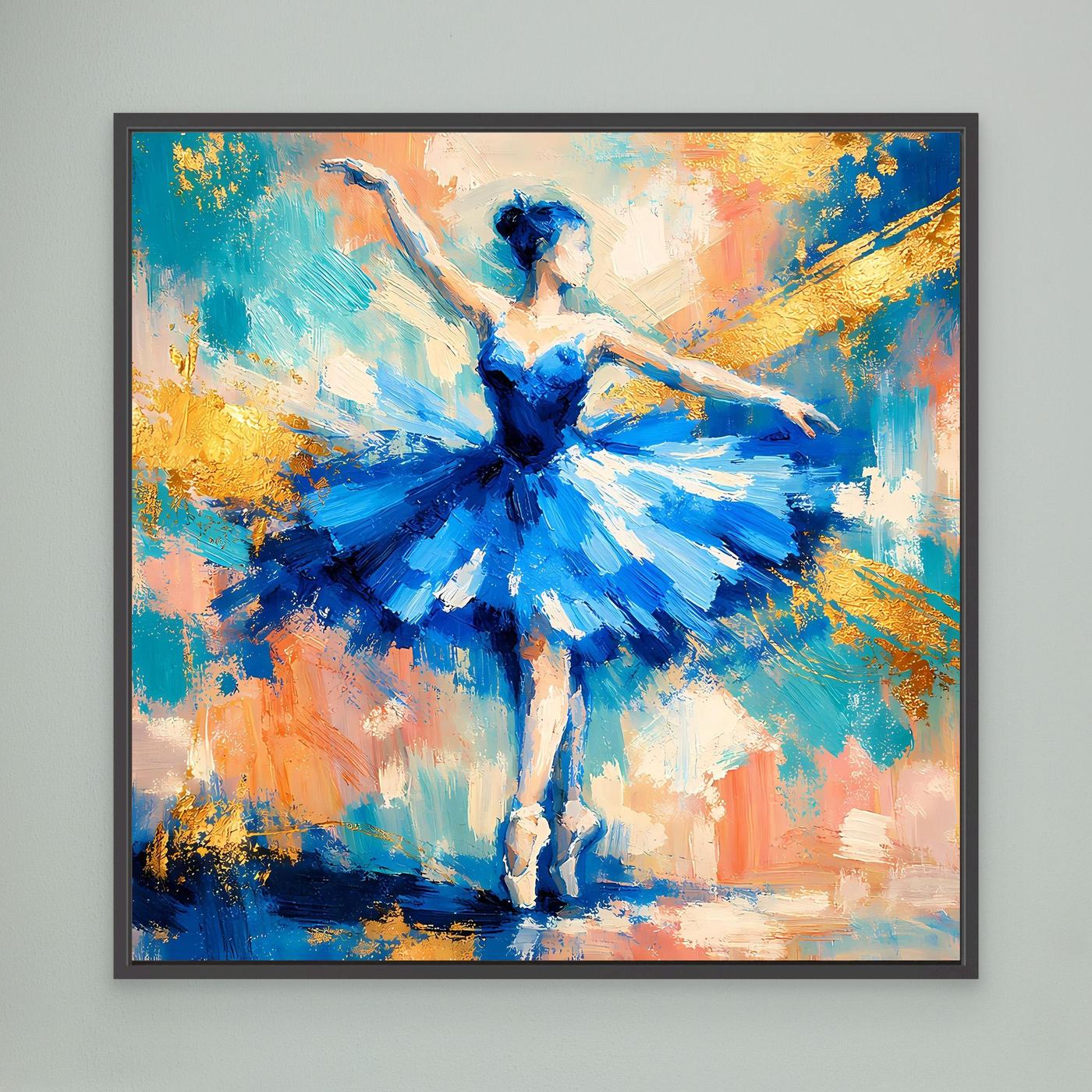 Leinwandbild mit abstrakter Ballerina in Blau, schwarz gerahmt