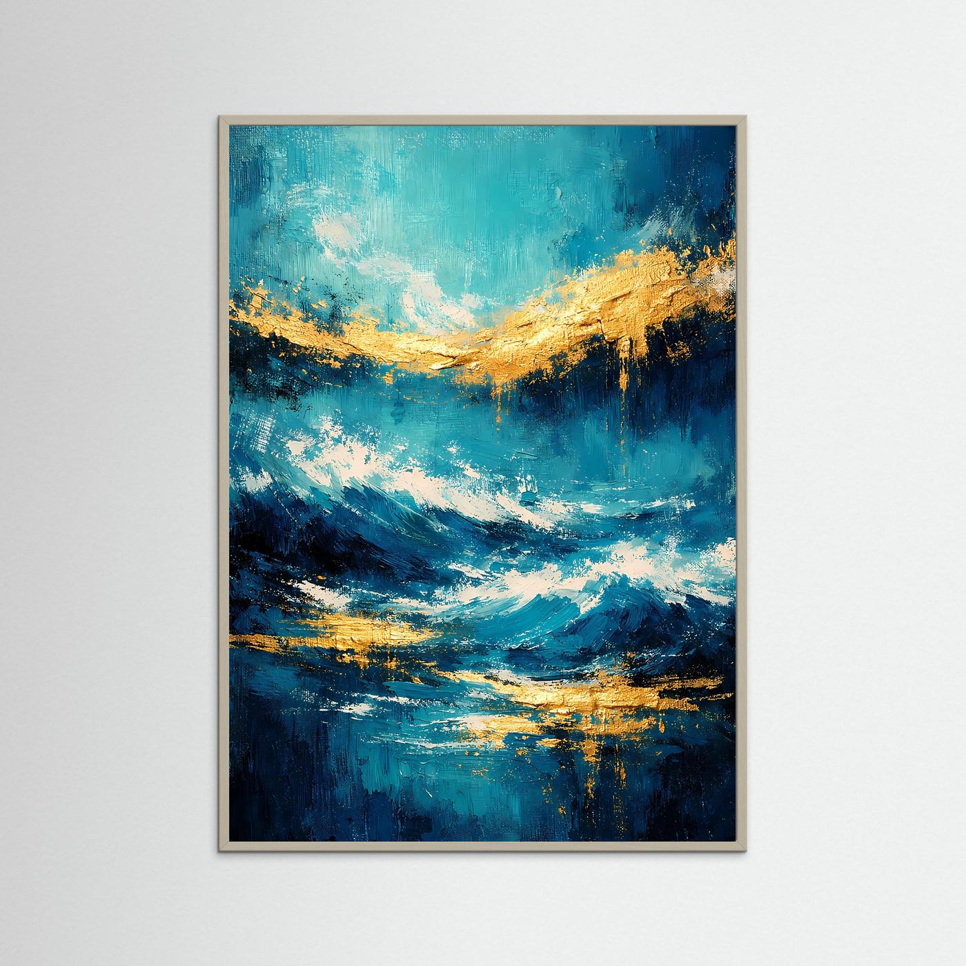 Abstraktes Kunstposter mit Meereswellen in Türkis, Tiefblau und Gold, braun gerahmt