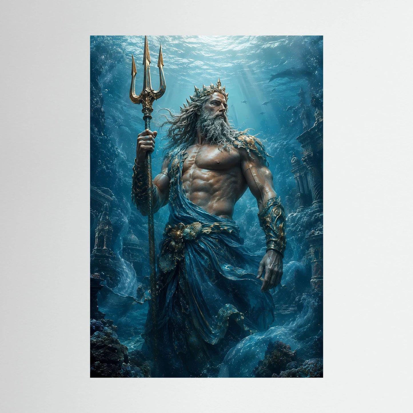 Hochformatiges Poster mit Poseidon, Dreizack in der Hand, Meeresthema in Blau