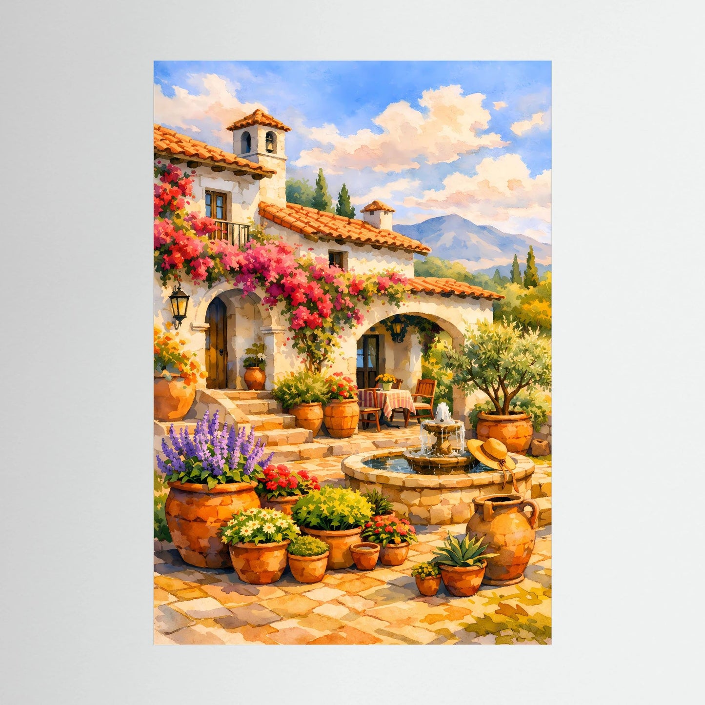 Hochformatiges Kunstposter mit mediterranem Innenhof, Blumen und Brunnen, viele Töpfe