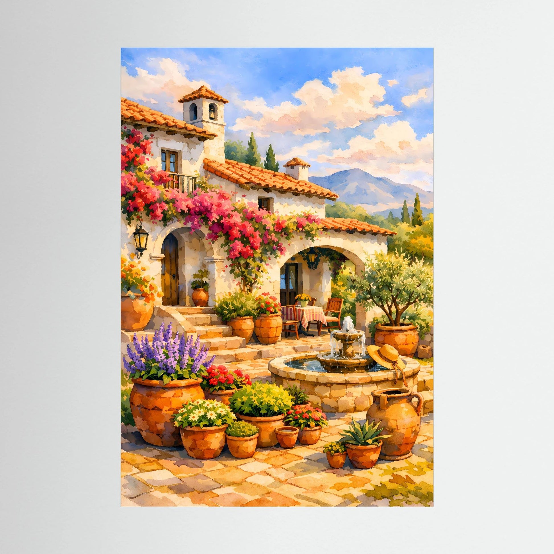 Hochformatiges Kunstposter mit mediterranem Innenhof, Blumen und Brunnen, viele Töpfe