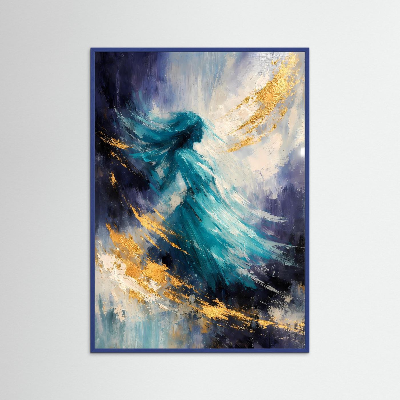Abstraktes Fantasy-Poster im Hochformat mit blauem Rahmen, türkisfarbene Formen und Gold