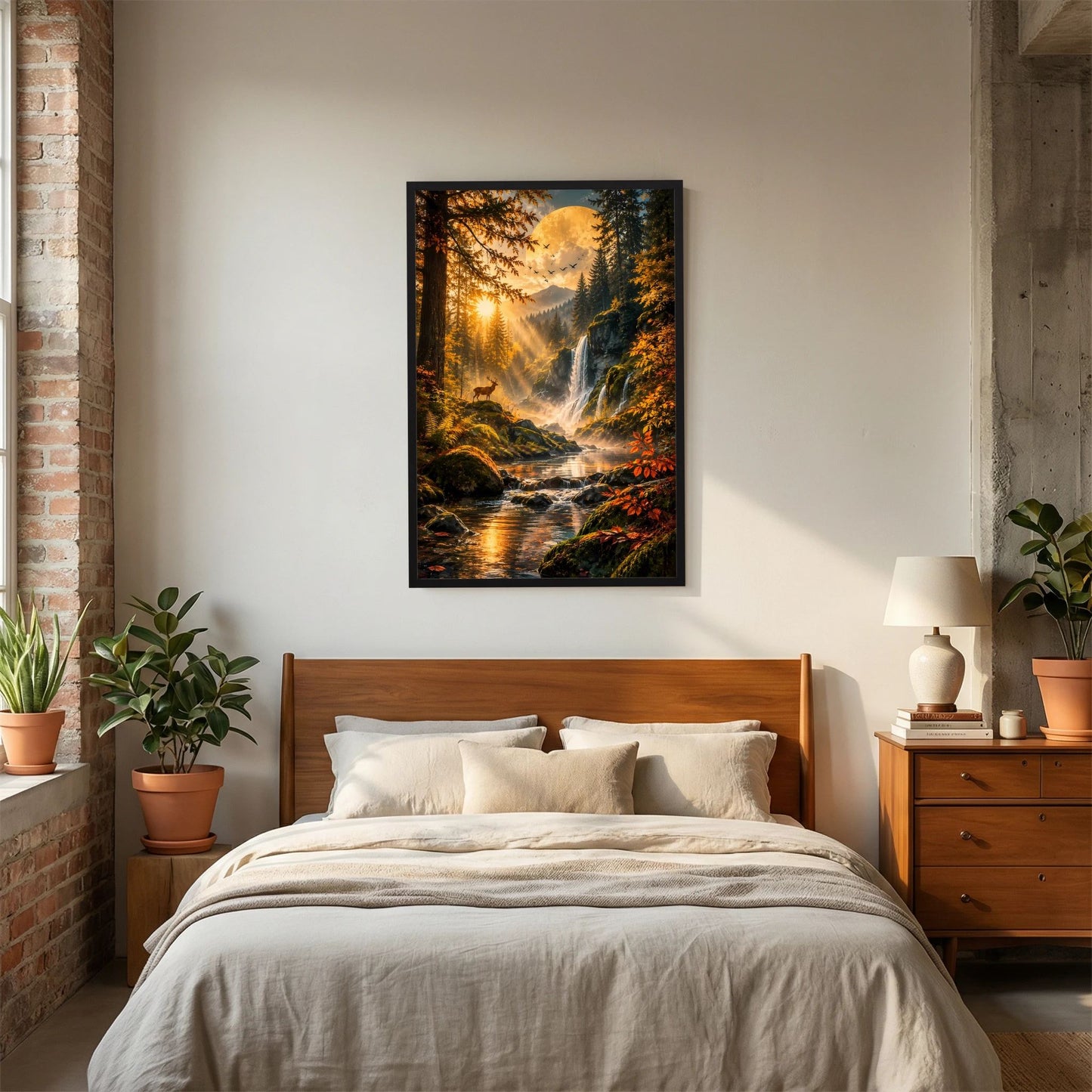 Hochformatiges Herbstposter mit Wasserfall, Fluss und Hirsch im dunklen Rahmen