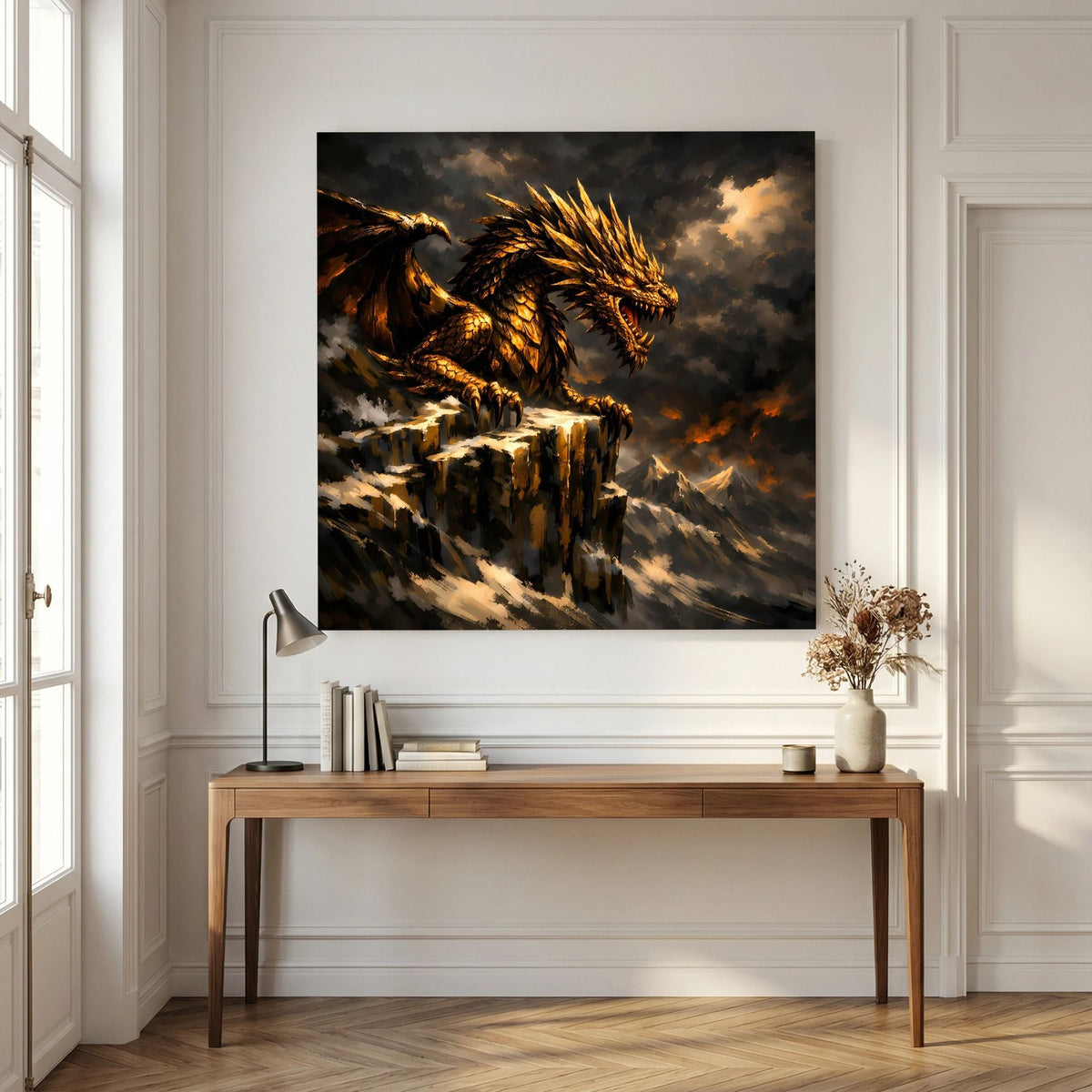 Keilrahmen-Wandbild mit goldenem Drachen, stürmische Wolken über zerklüfteten Felsen