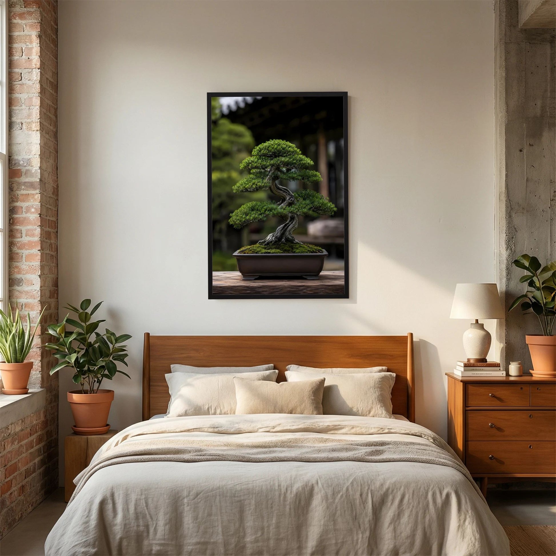 Hochformat-Poster mit Bonsai in Schale, grüne Krone und dunkler, gedrehter Stamm im schmalen Rahmen.