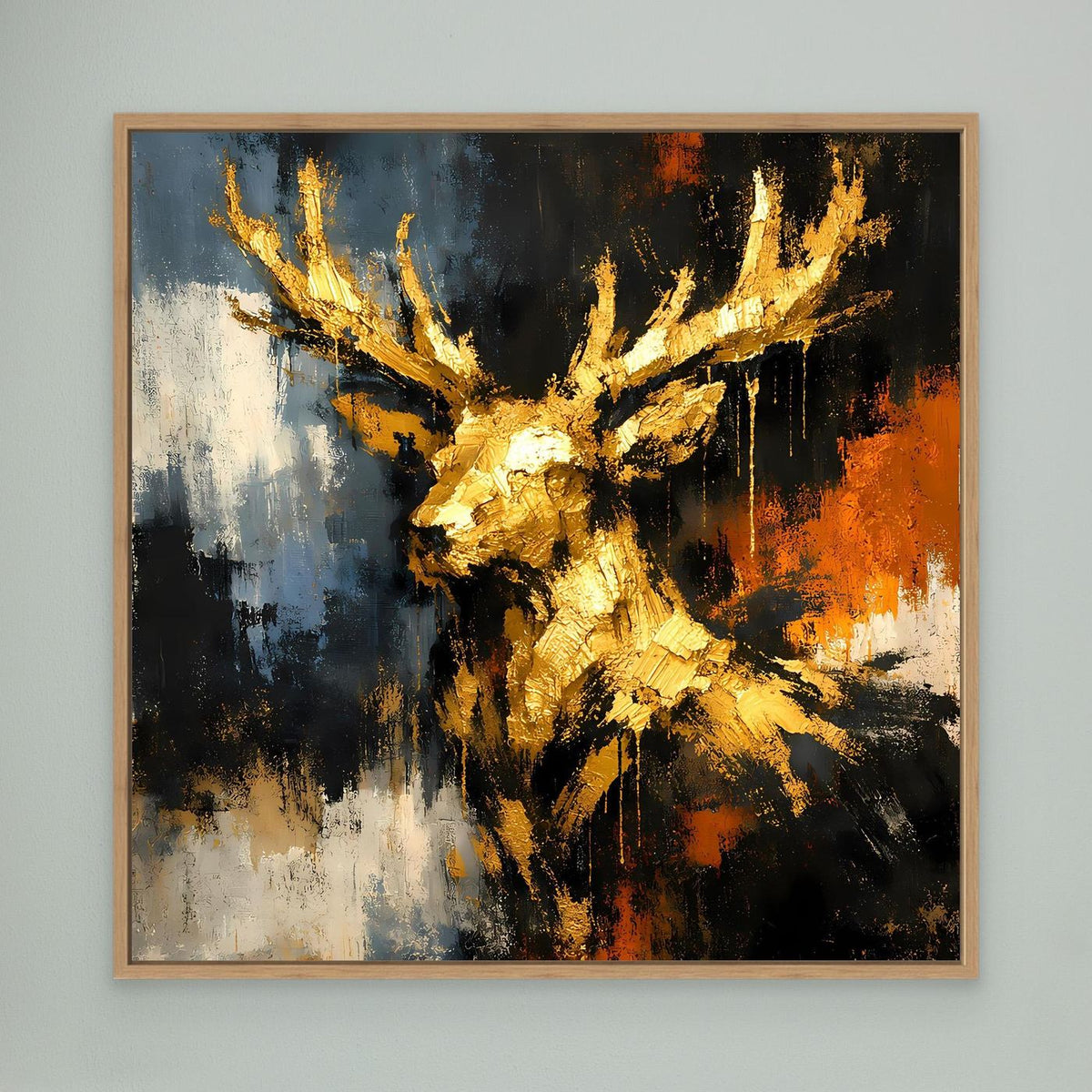 Leinwand-Wandbild: goldenes Hirschgeweih in abstraktem Schwarz, Blau und Orange, Holzrahmen