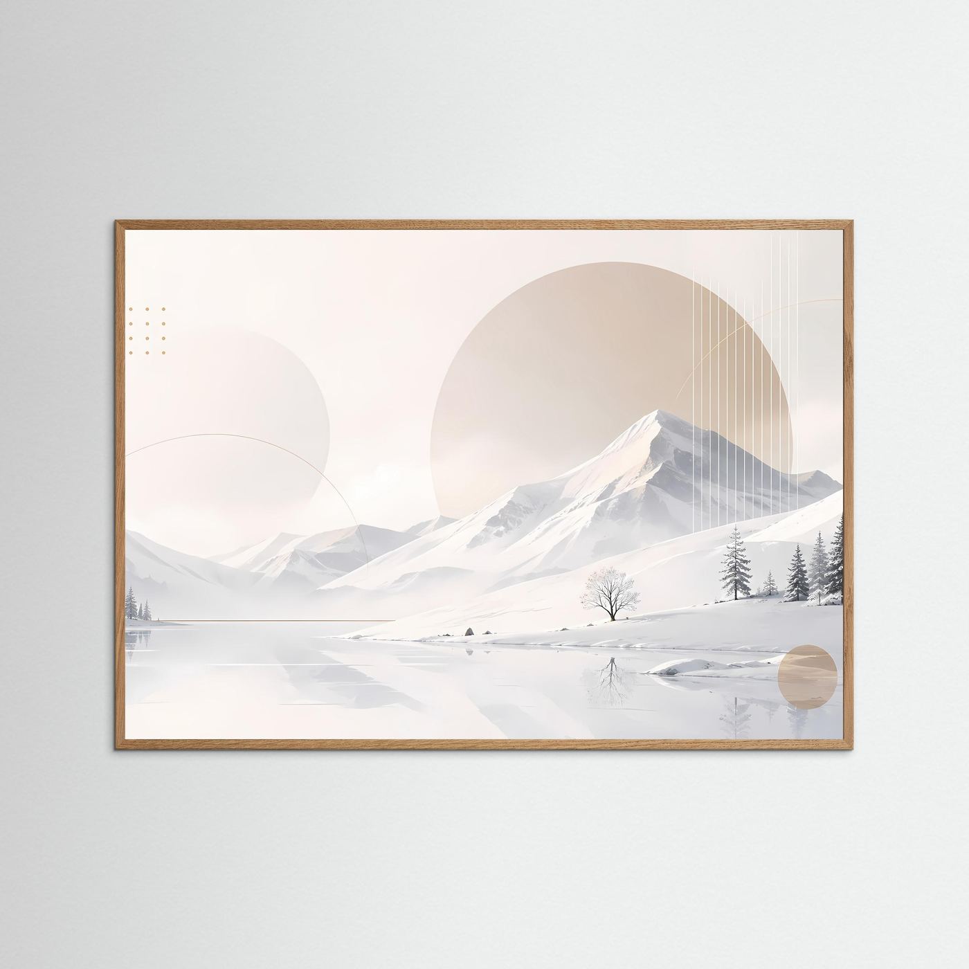 Poster im Querformat mit winterlicher Berglandschaft, naturfarbener Holzrahmen, Weiß-Beige