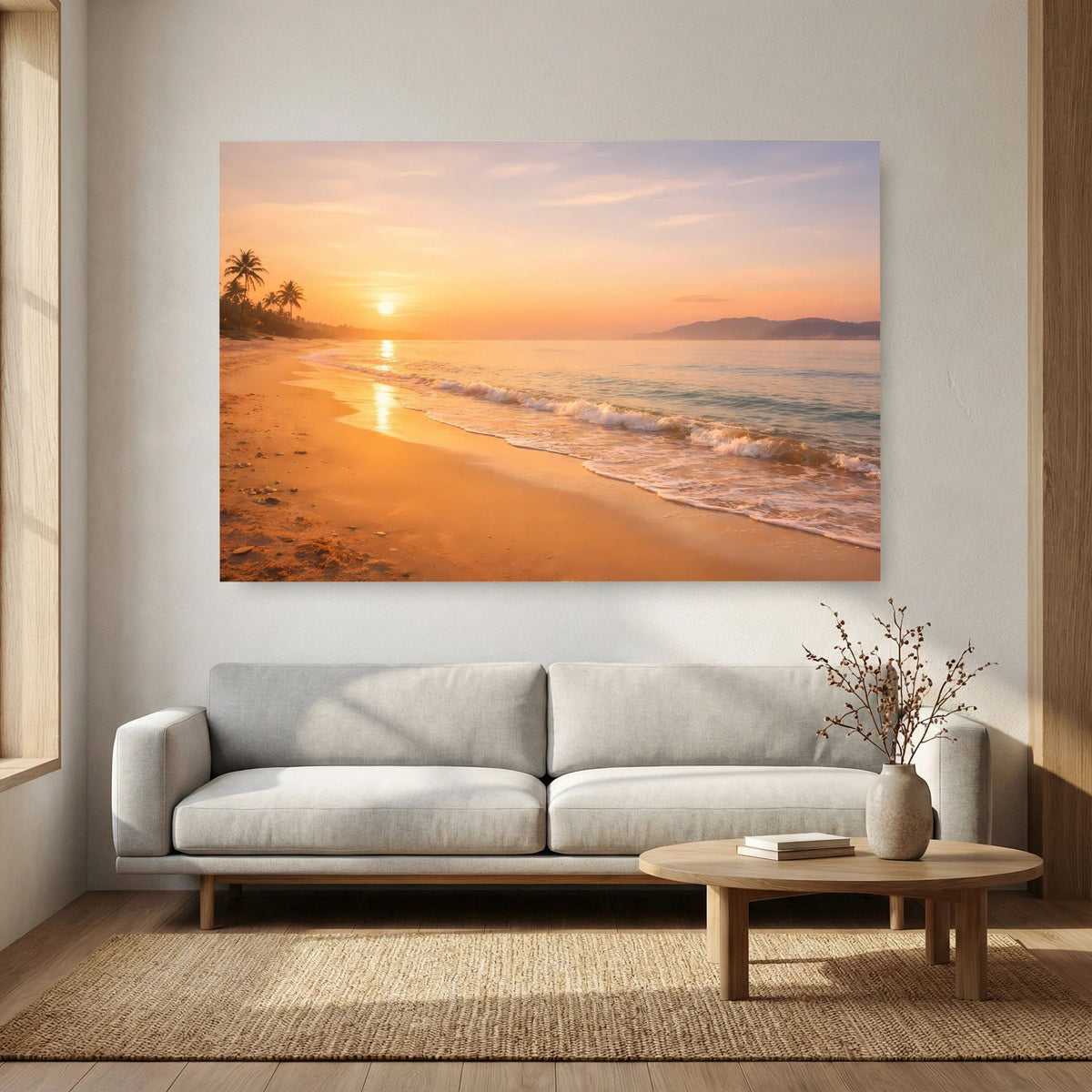 Wandbild Querformat: tropischer Strand mit Sonne auf dem Wasser, Abendhimmel