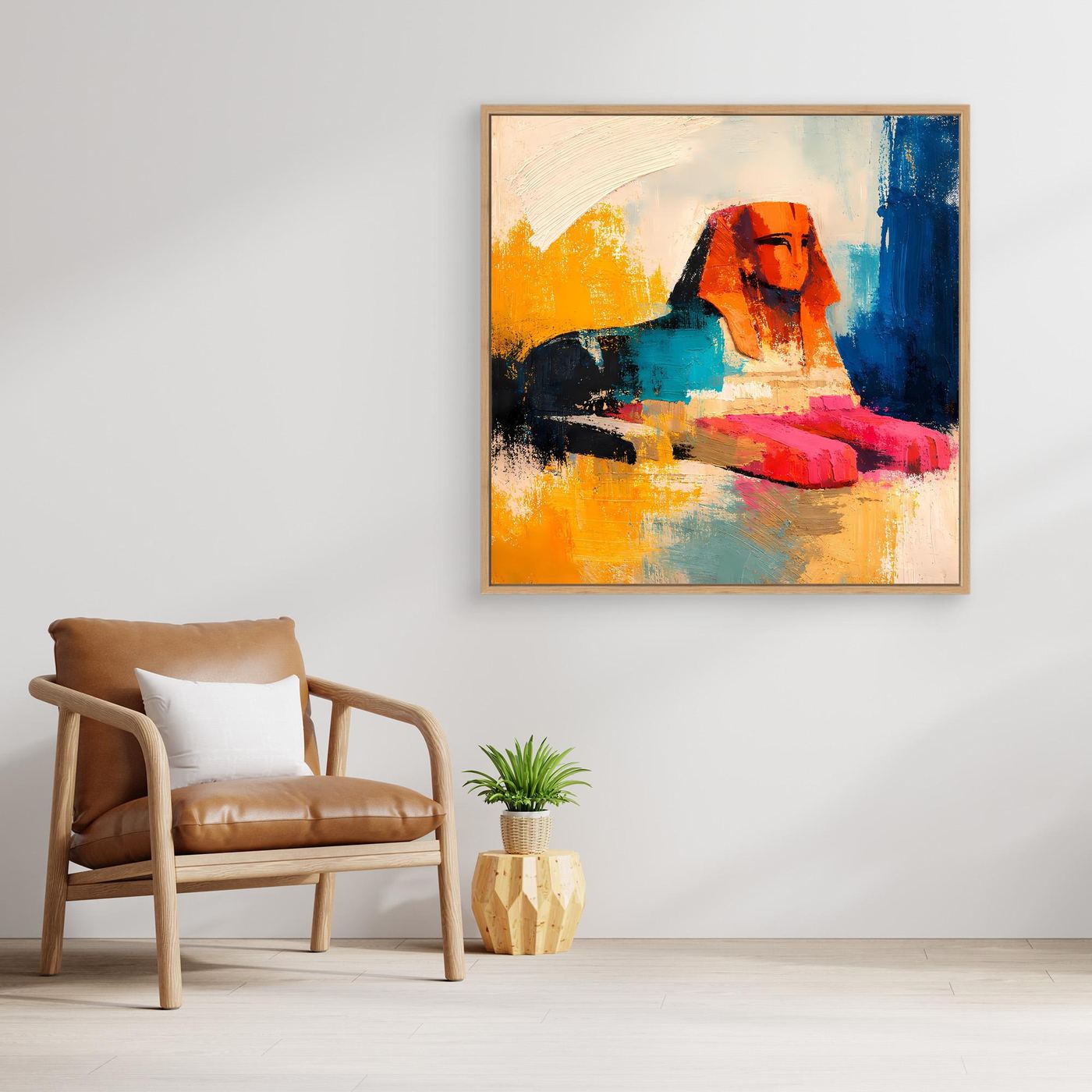 Framed abstract Egyptian sphinx canvas wall art with orange, blue, teal, and pink strokes