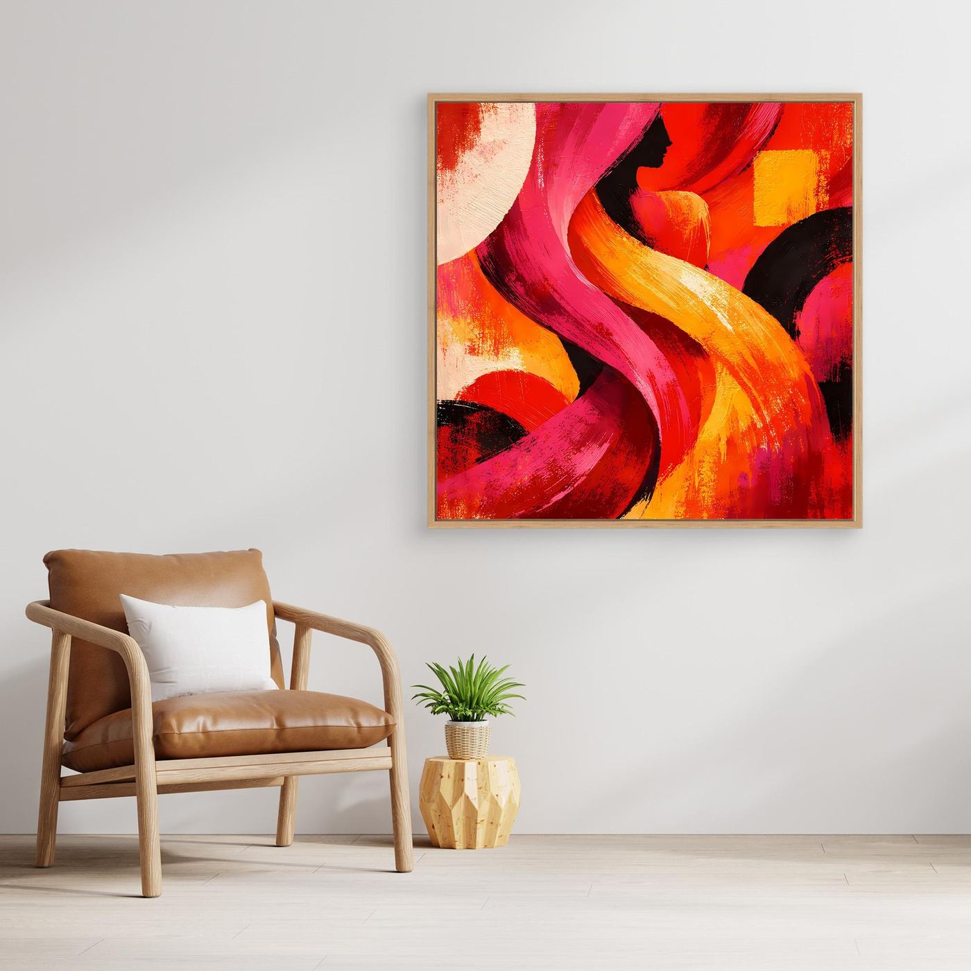Leinwandbild mit abstrakter Komposition in Rot, Pink und Orange, mit Rahmen