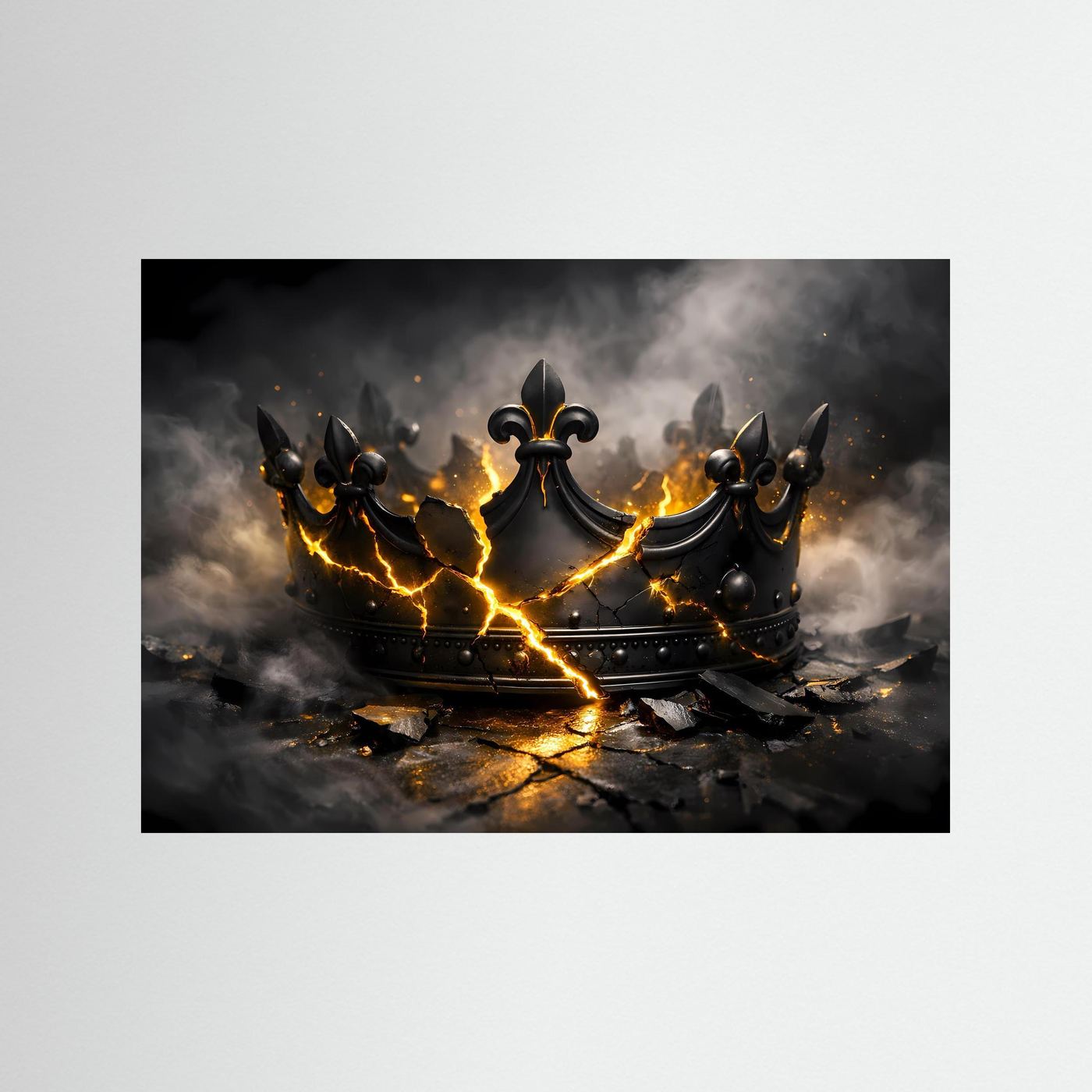 Wandbild zerbrochene Krone, schwarzer Hintergrund, Goldlicht, schwarzer Rahmen