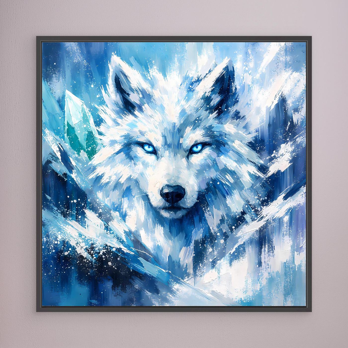 Leinwand-Wandbild mit blauem Eiswolf im Blizzard, schwarzer Rahmen