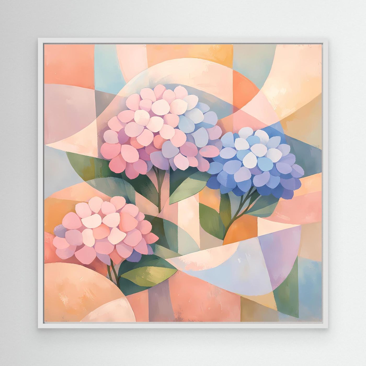 Leinwandbild mit geometrischen Hortensien in Pastellfarben, weißer Rahmen