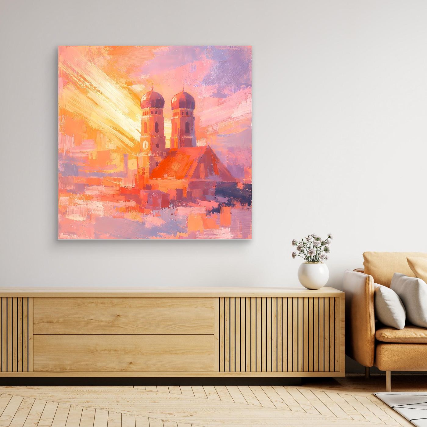Premium Leinwand Frauenkirche München im Sonnenaufgang | Abstraktes Skyline Wandbild Bayern