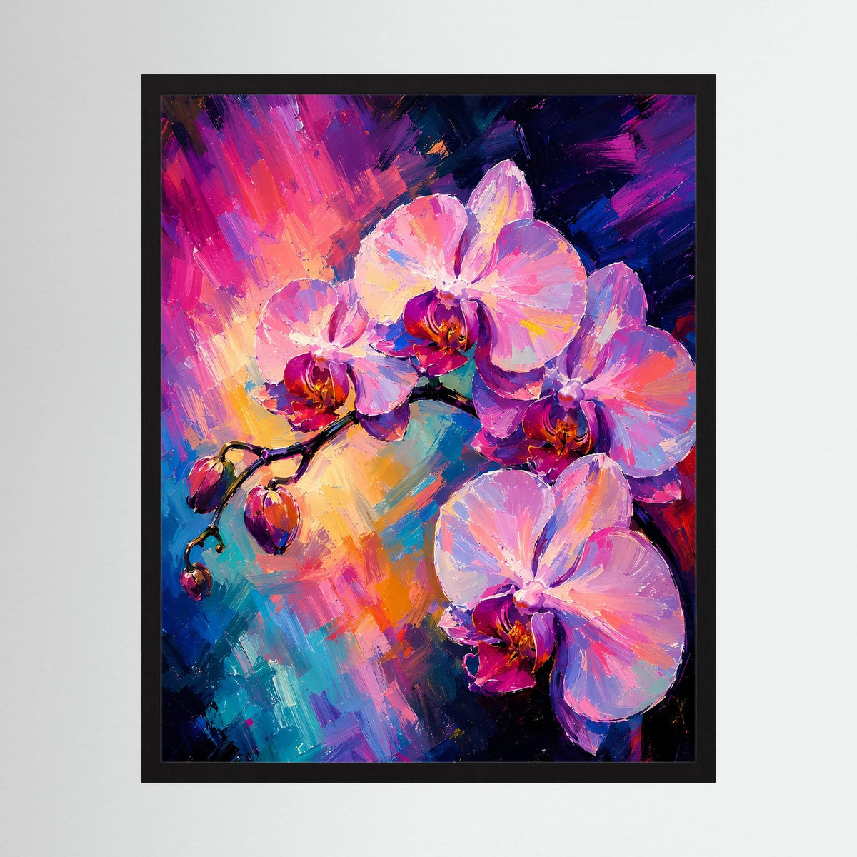Kunstposter im Hochformat mit abstrakten rosa Orchideenblüten, gerahmt in Schwarz