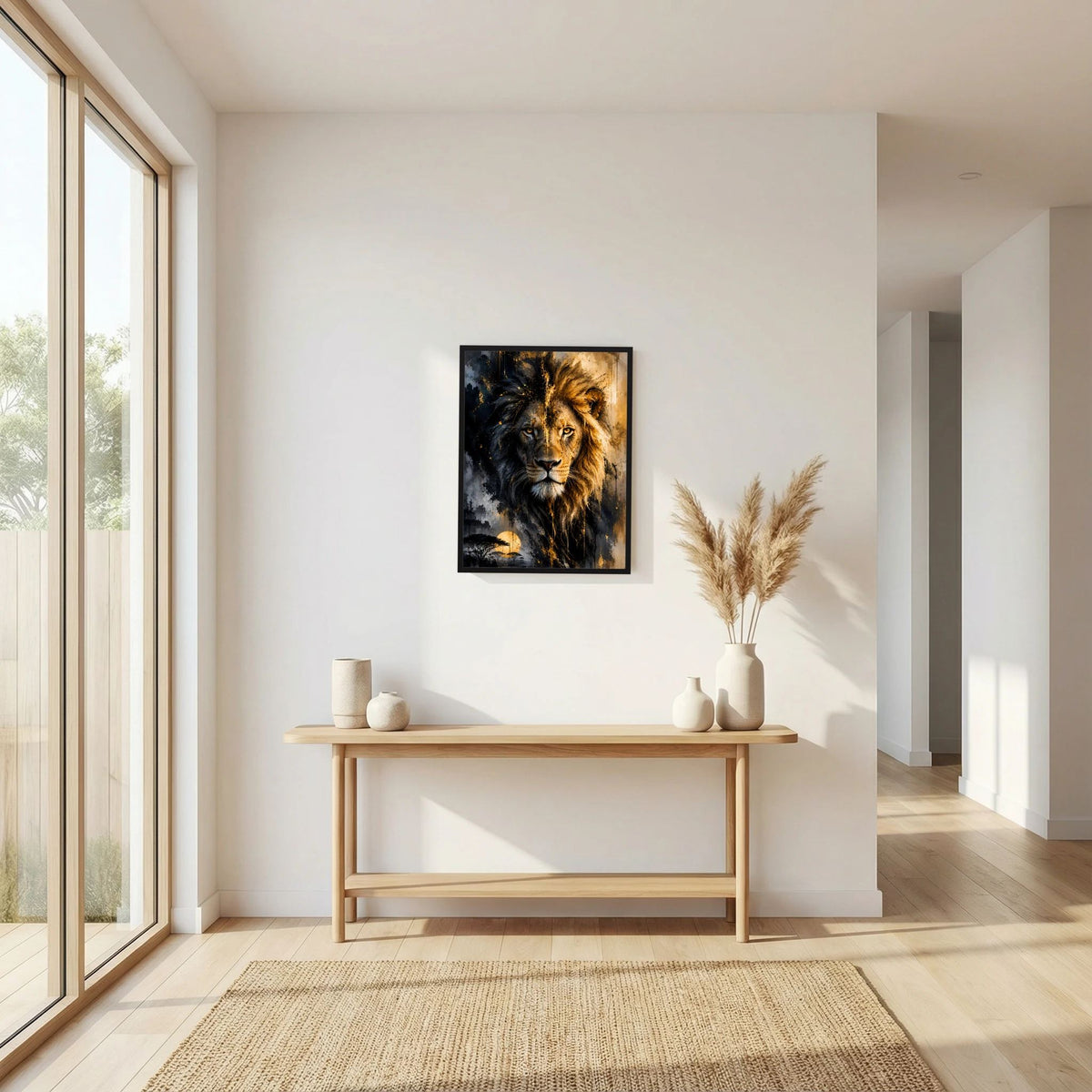Gerahmtes Löwenposter im Hochformat mit schwarz-goldener Löwengestalt und Mähnenakzenten