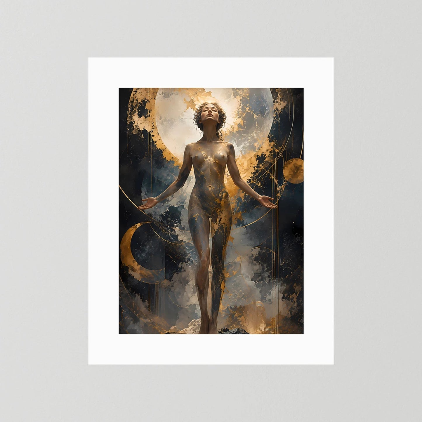 Mondgöttin in Gold | Mystische Frau vor Vollmond | Poster Hochformat