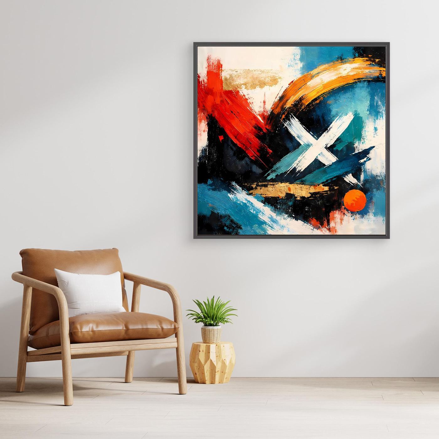 Leinwandbild im schwarzem Rahmen mit abstraktem Rot-Blau-Schwarz-Motiv und goldenem X