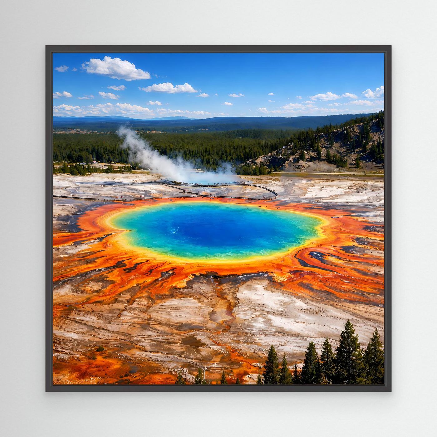 Leinwandbild Grand Prismatic Spring mit blaugrünem Becken und Dampf, schwarzer Rahmen