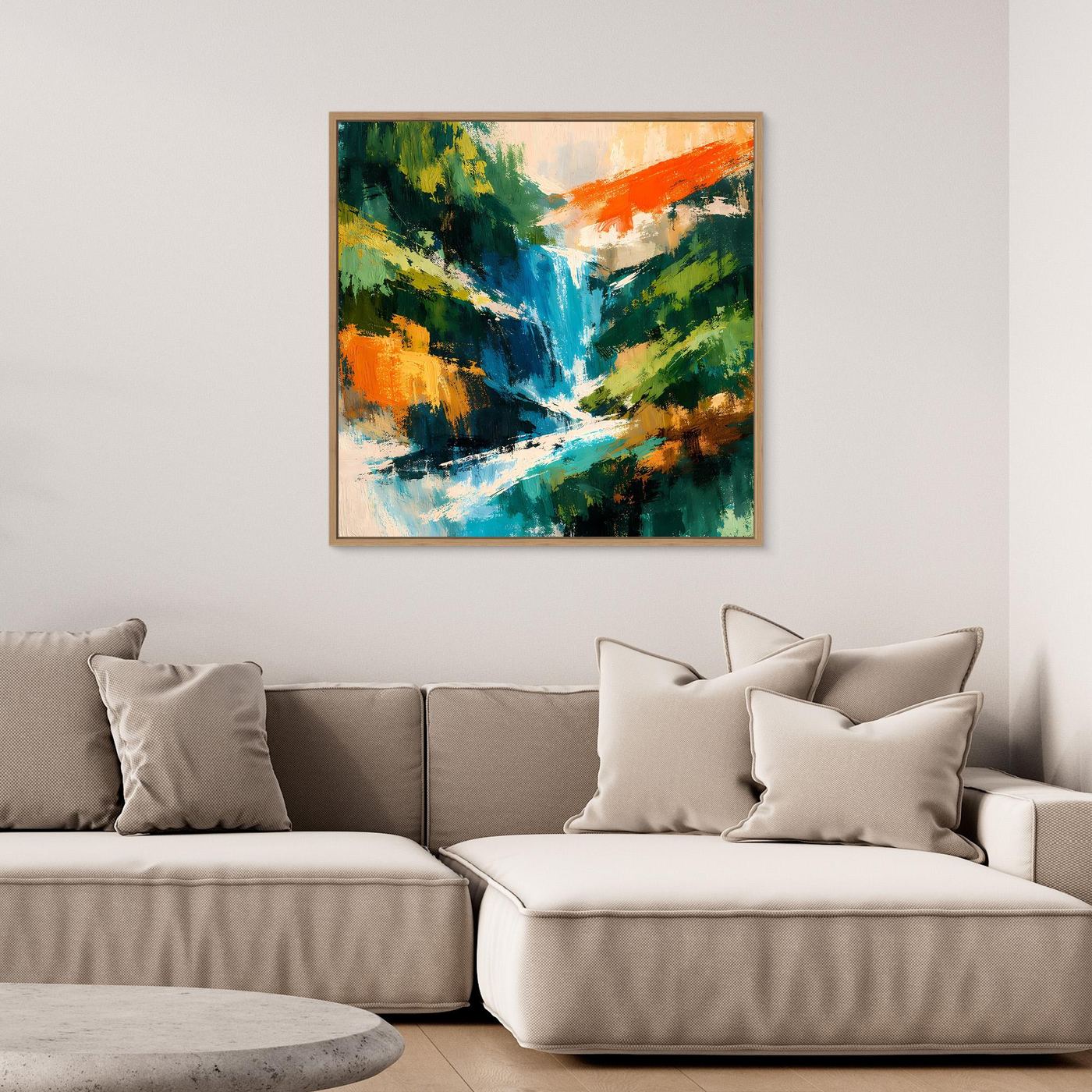 Abstraktes Leinwand-Wandbild mit Wasserfall-Motiv, goldfarbener Rahmen