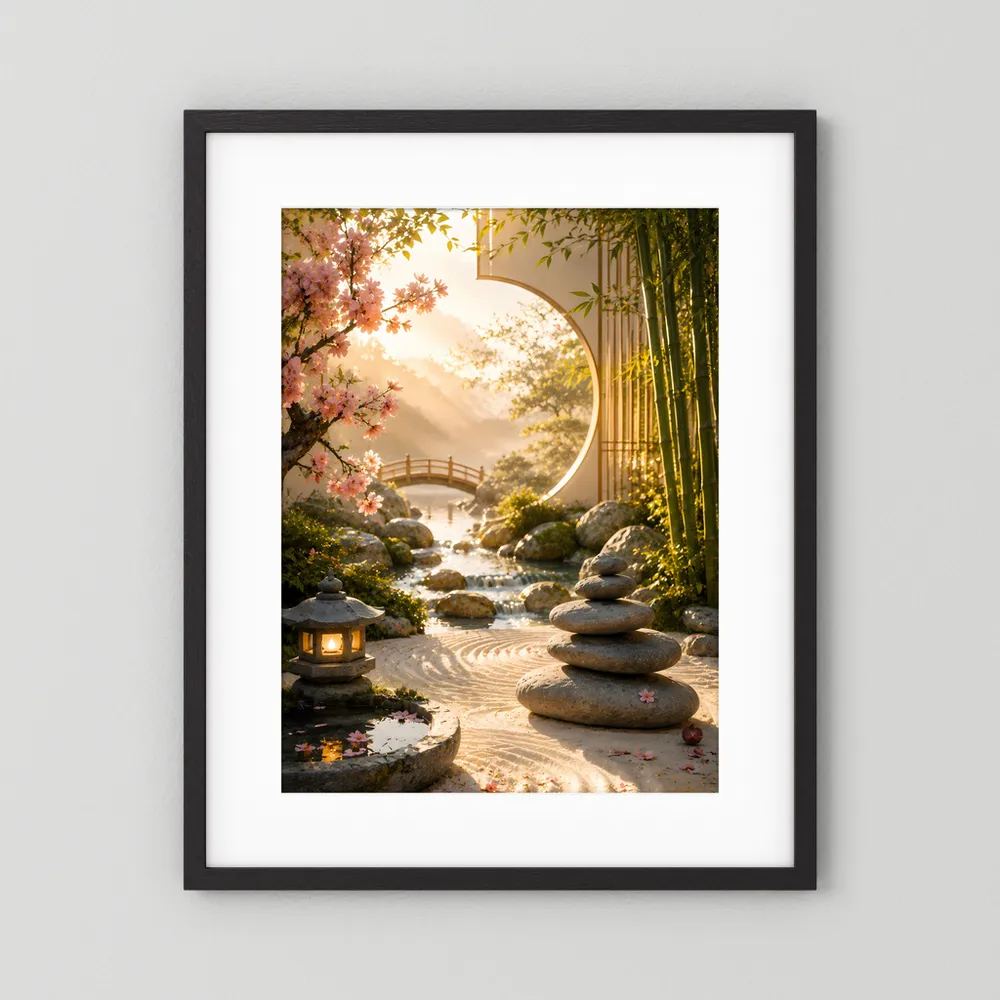 Hochformat-Poster Zen-Garten im dunklem Holzrahmen: Bambus, Kirschblüten, Steine und Laterne