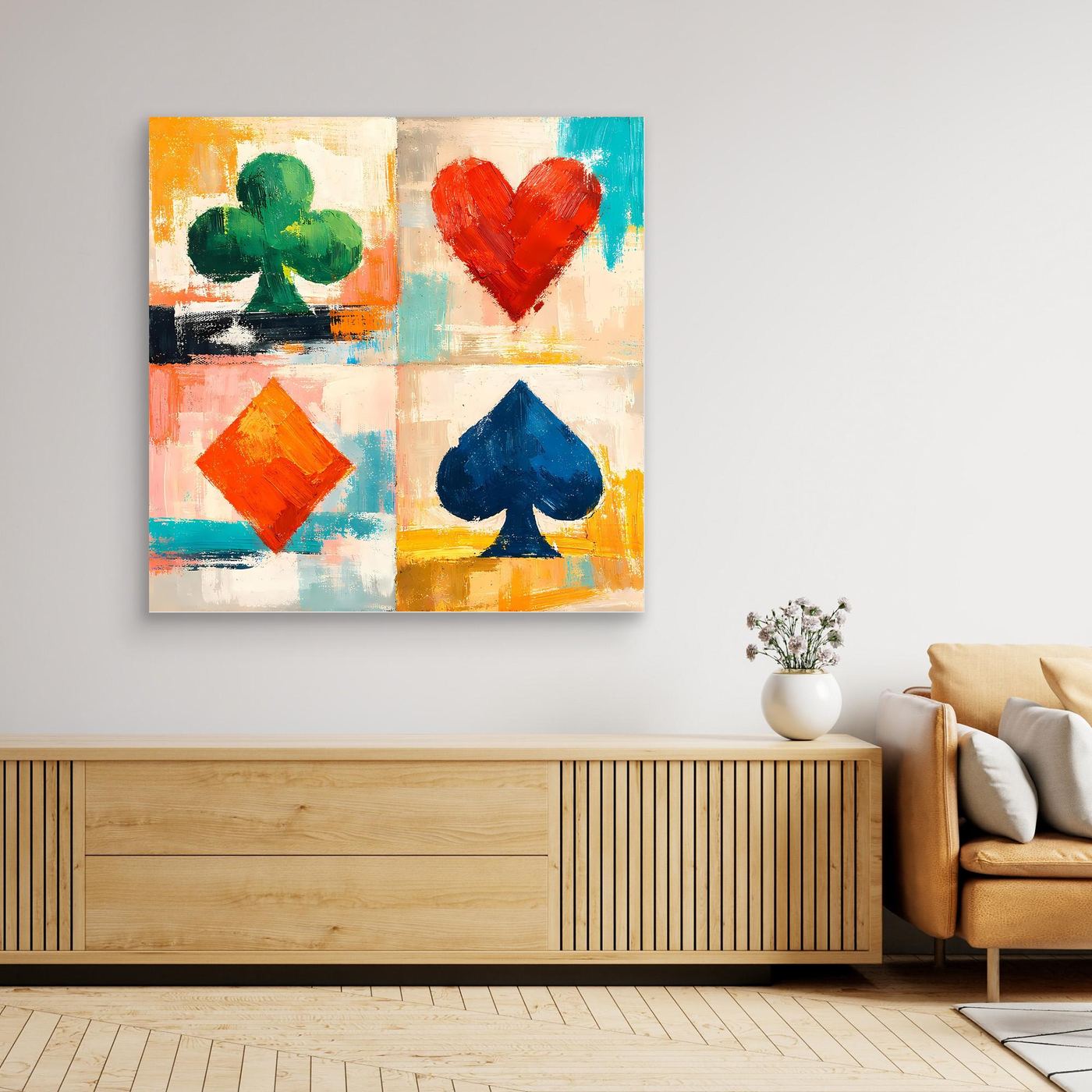 Quadratisches Leinwand-Wandbild mit Spielkarten-Symbolen in Pastell- und Vivid-Tönen