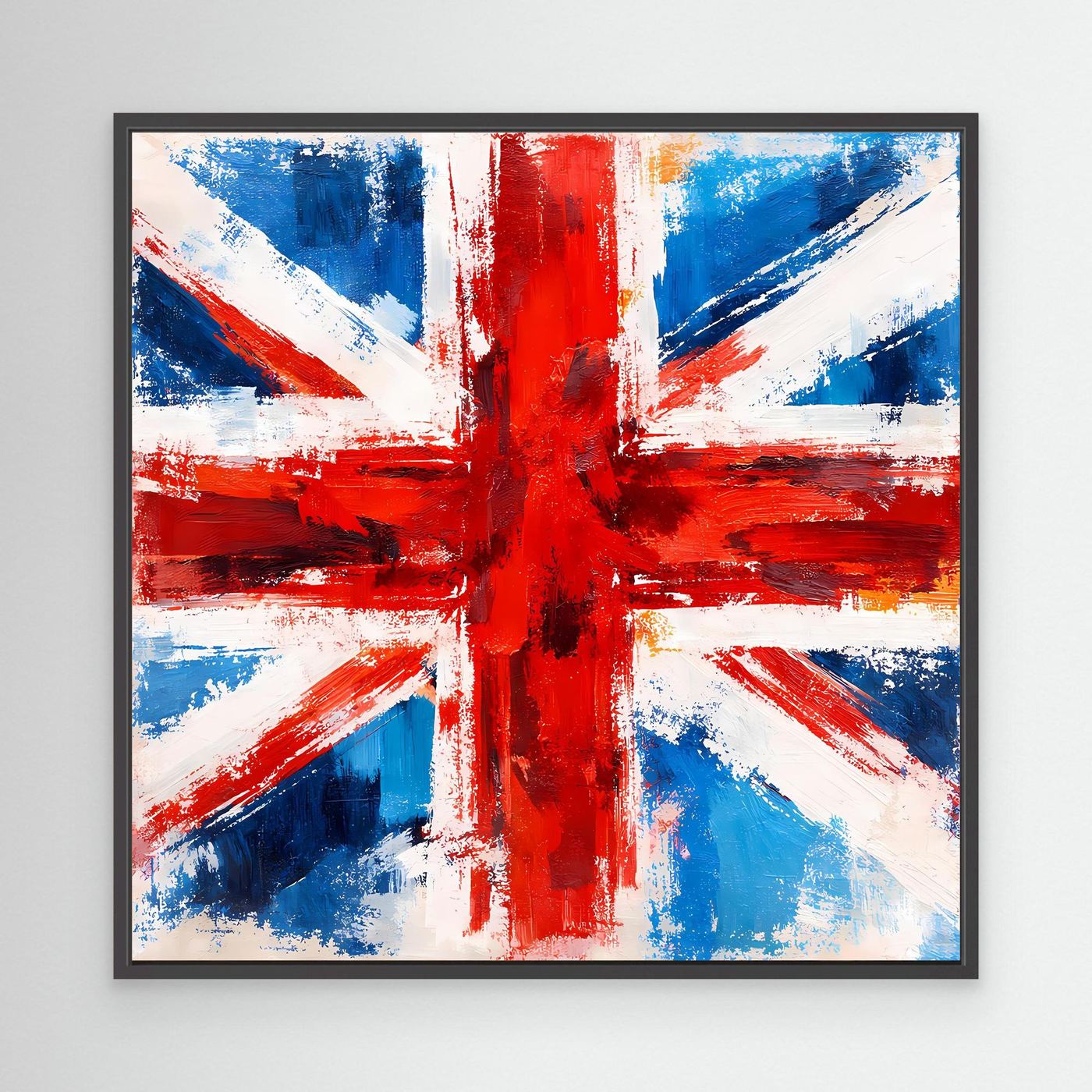 Abstract Union Jack canvas wall art with blue, red, and white brush strokes, black frame