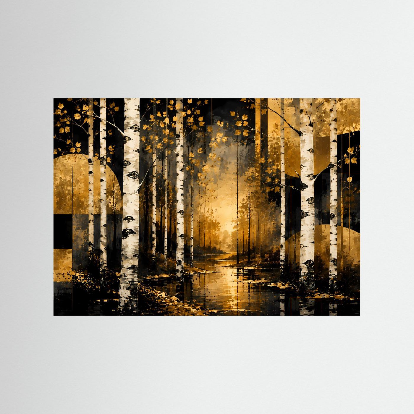 Goldener Birkenwald im Abendlicht | Abstrakte Waldlandschaft mit weißen Birken in Schwarz, Gold & Creme | Elegantes Natur Wandbild im Querformat mit moderner geometrischer Kunst