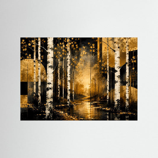 Querformat-Wandbild mit abstrakter Waldlandschaft und weißen Birken in Gold- und Schwarztönen