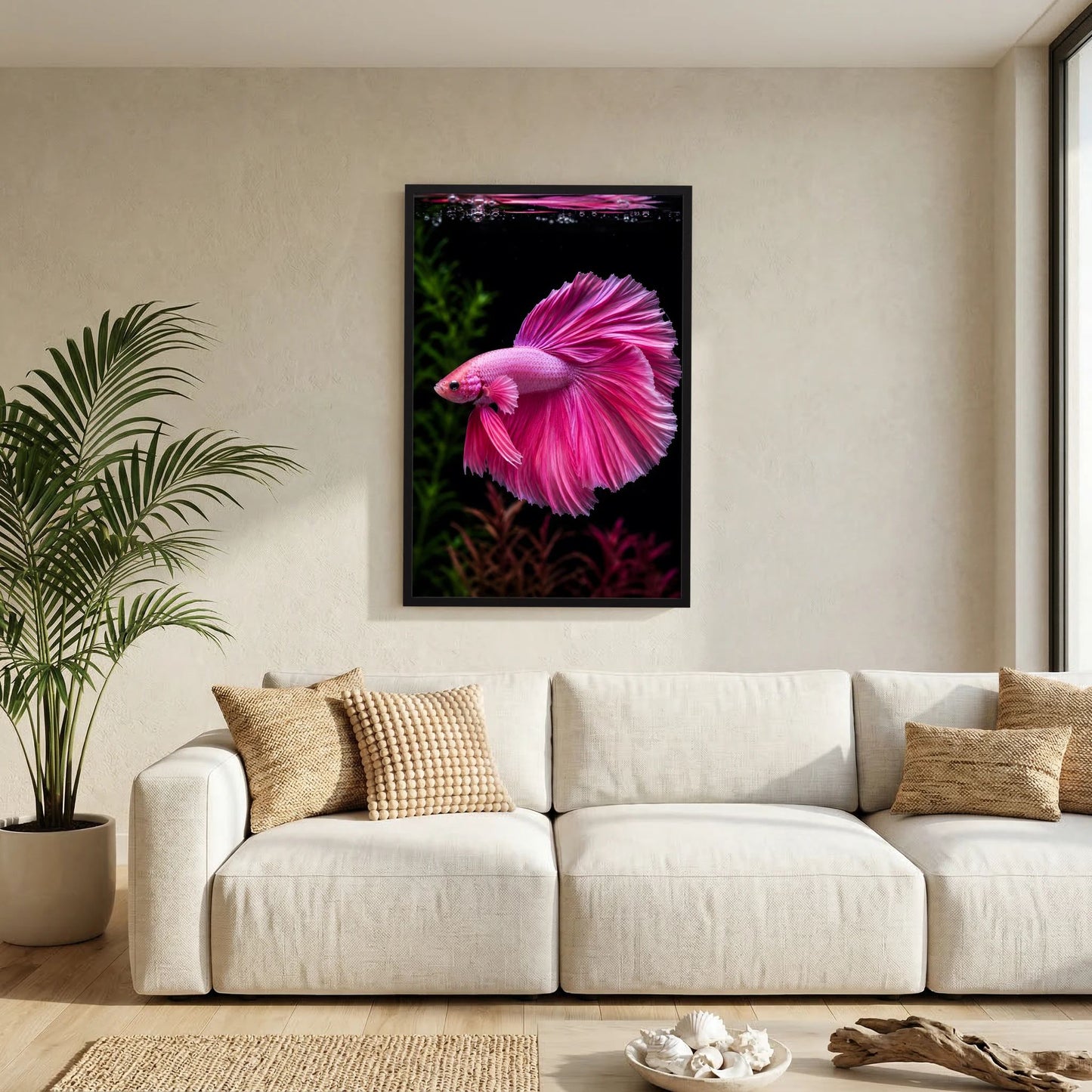 Tierposter mit pinkem Kampffisch im Hochformat, schwarz gerahmt