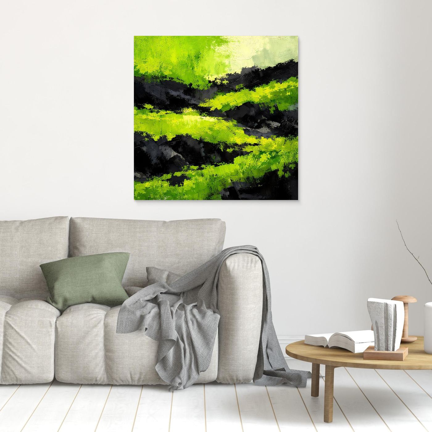 Kleines abstraktes Leinwand-Wandbild mit moosgrünen und schwarzen Pinselstrichen, ohne sichtbaren Rahmen