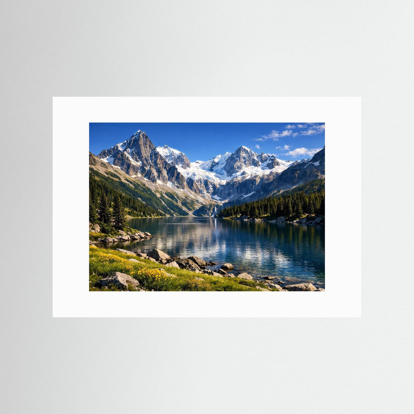 Alpenpanorama mit Bergsee und Spiegelung, Poster mit weißem Passepartout