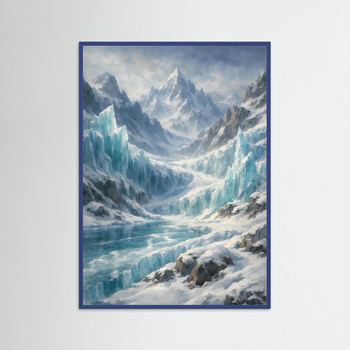 Poster mit Gletscherlandschaft, blauer Rahmenkante, Hochformat