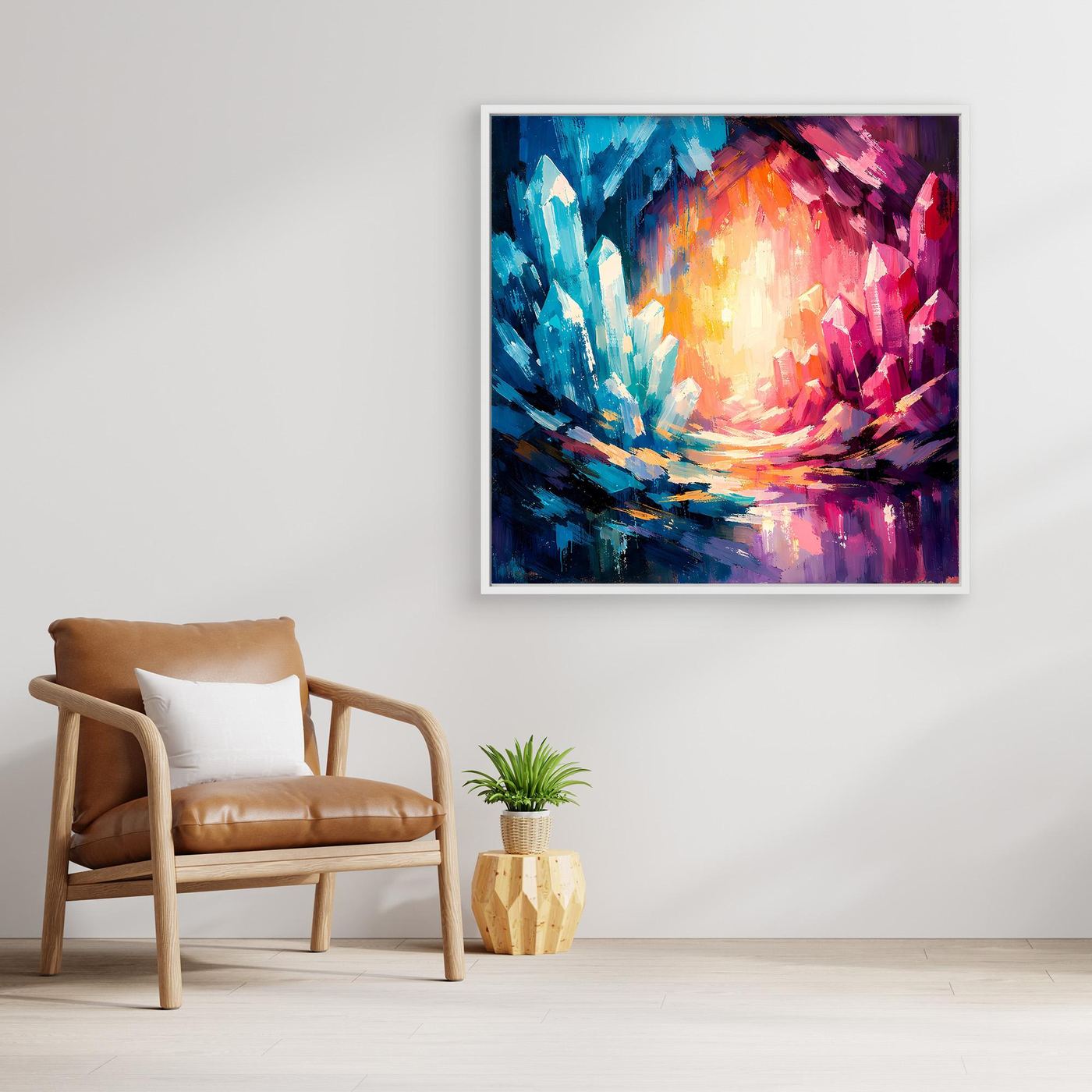 Abstract crystal canvas wall art with vivid blue and pink facets, in a dark frame