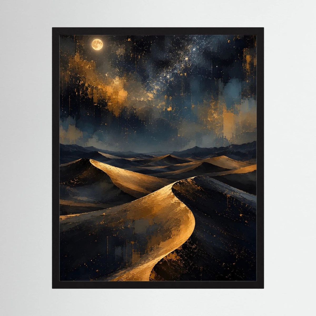 Gerahmtes Poster: goldene Dünenlandschaft mit Mond und Sternen im dunklen Blau