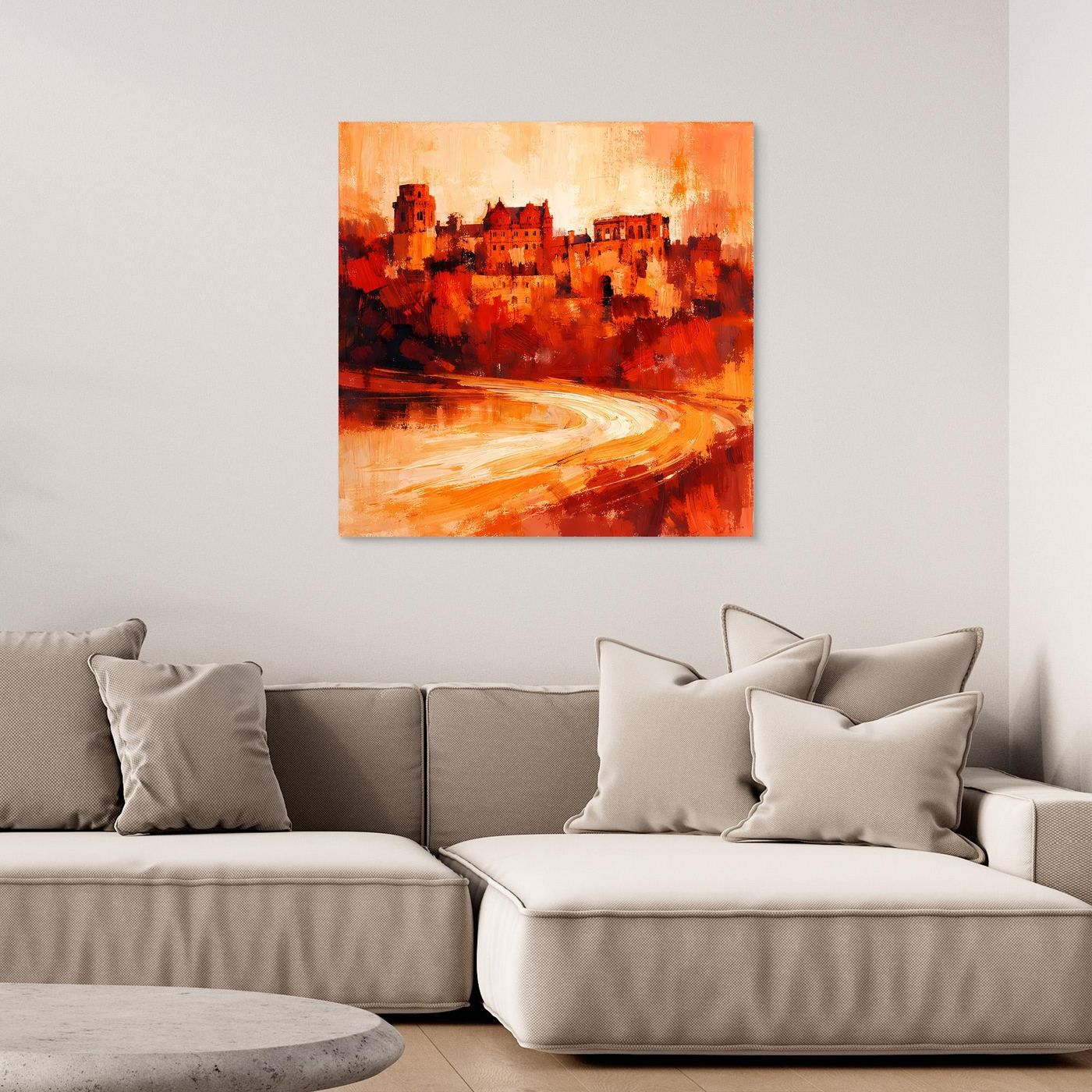 Leinwand Heidelberger Schloss im Abendlicht | Abstraktes Rot‑Ocker Wandbild mit Struktur und Tiefe