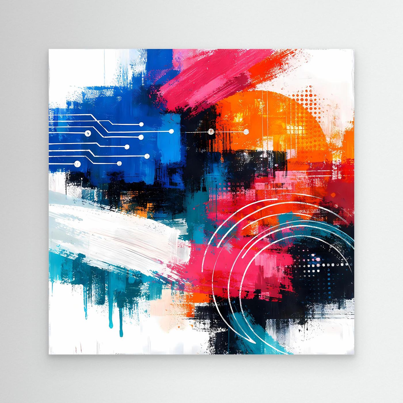 Abstract cyber wall art print with white border, colorful geometric and arc details
