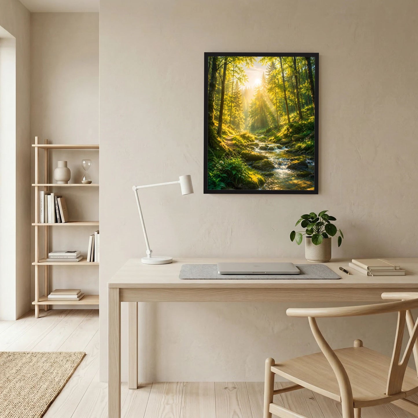 Hochformat-Poster mit Waldbach im Sonnenlicht, schwarz gerahmt
