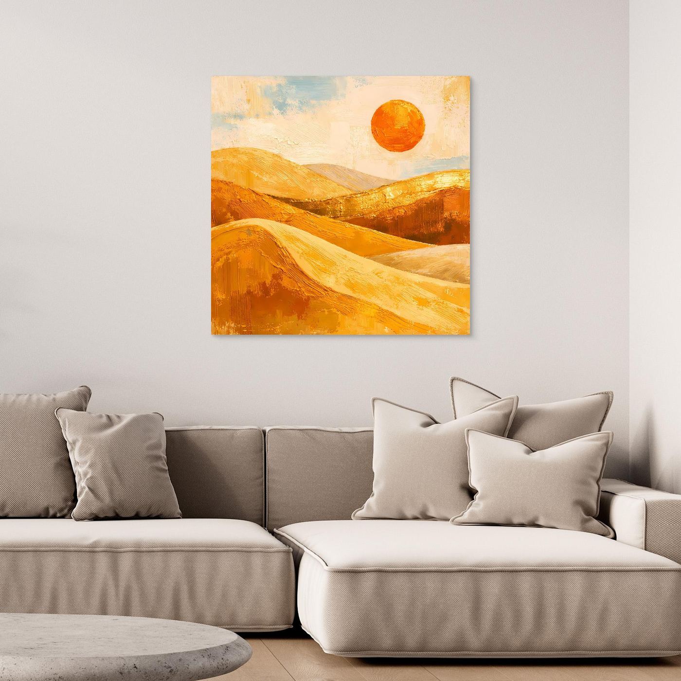 Abstraktes Leinwand-Wandbild mit goldenen Dünen und roter Sonne
