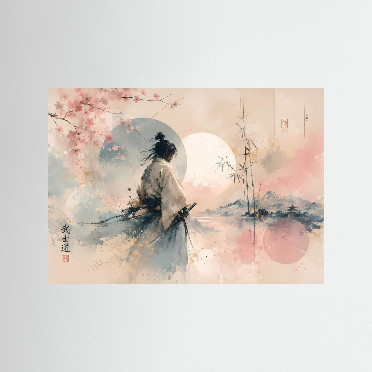 Kunstdruck mit Samurai in pastelligen Kirschblüten, Mondkulisse und Bambus