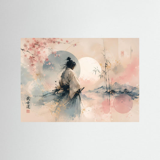 Kunstdruck mit Samurai in pastelligen Kirschblüten, Mondkulisse und Bambus